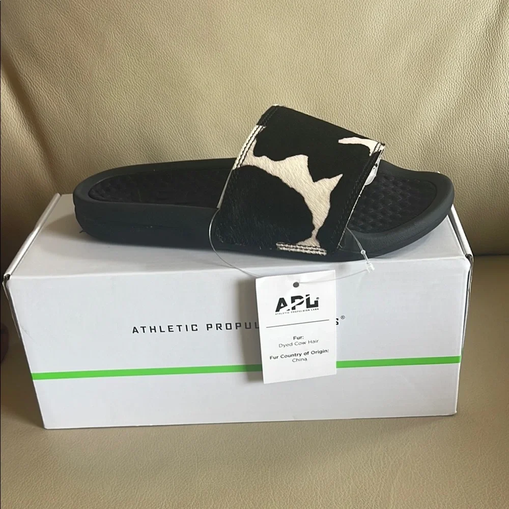 APL NWT NIB LIMITED EDITION $170 B&W DYED COW HAIR LEATHER FUR SLIDES WOMENS 5 - Picture 5 of 13